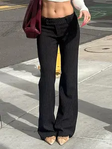 Women's Striped Print Pocket Flare Leg Pants, Casual Comfy Drop Waist Bell Bottom Trousers for Summer, Ladies Bottoms for Daily Wear, Casual Fitted Trousers