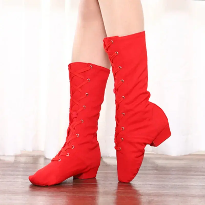 Breathable Fabric Leather Sole Laceup Jazz Ballet Pole Dance Boots for Women