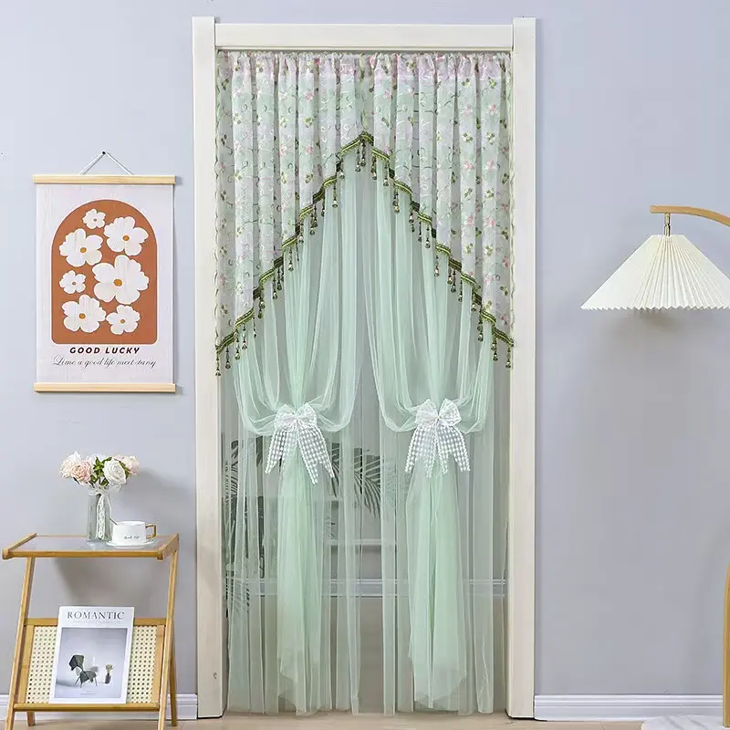 No-drill floral gauze door curtain; an exquisite lace door curtain with tassel trim, ideal as a privacy divider for bedrooms, walk-in closets, kitchens, apartments, and dorm rooms