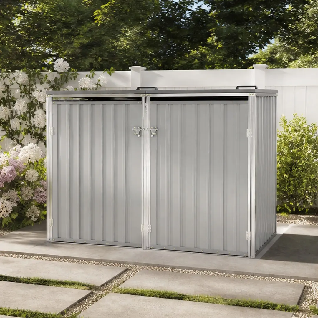 ARCH Outdoor Garbage Bin Shed for 2 Trash Cans, 54 cu ft Metal Storage Box for Garden Yard Lawn, Galvanized Steel Trash Can Enclosure with Lid Hooks, Light Gray, Light Gray Color Options, Metal Material, Product Weight: Not Applicable lb
