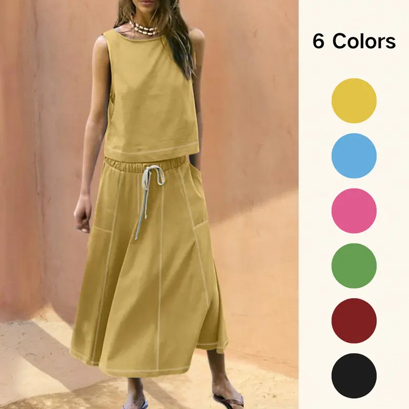 SCUSTY Women's Two Piece Skirt Set Summer Casual Matching Outfits Sleeveless Cropped Top Elastic Waist Midi Skirts