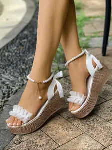 Women's Pearl Ankle Strap Platform Wedge Sandals, Slip-On Open Toe Thick Sole Summer Casual Shoes, Fashion Beach Shoes with Bow Decoration