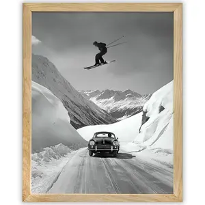 Skier Jumping Over Vintage Car - 11x14 Framed Print - Black and White Photography Art - Unique Wall Decor and Gift for Skiing and Car Lovers - Vintage Car Memorabilia