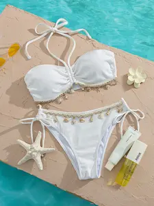 Women's Shell Weave Bikini Set, Halter Backless Sexy Fabric Two-Piece Swimsuit, Beach Vacation Pool Party Swimwear, Bikini Swimsuits