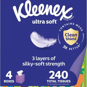 Kleenex Ultra Soft Facial Tissues 4 Cube Boxes 60 Tissues per Box 3-Ply Hypoallergenic Allergist Approved Softness for Every Season - Toilet, Napkin