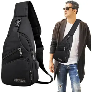 Men's Dark Oxford Cloth Sling Chest Pouch - Casual Waist Bag, Crossbody Bag, Men's Accessories, USB Port, Headphone Jack, Adjustable Strap, Waterproof, Hands-Free Wallet, Suitable for Everyday Use (Black/Blue)