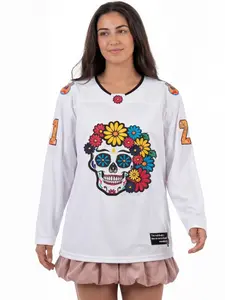 Unisex Loose-Fitting V-Neck Long Sleeve Sport T-Shirt - Unisex Shirt with Dia De Los Muertos Sugar Skull Embroidery, All-Season Halloween Themed Clothes for Casual, Outdoor Activities