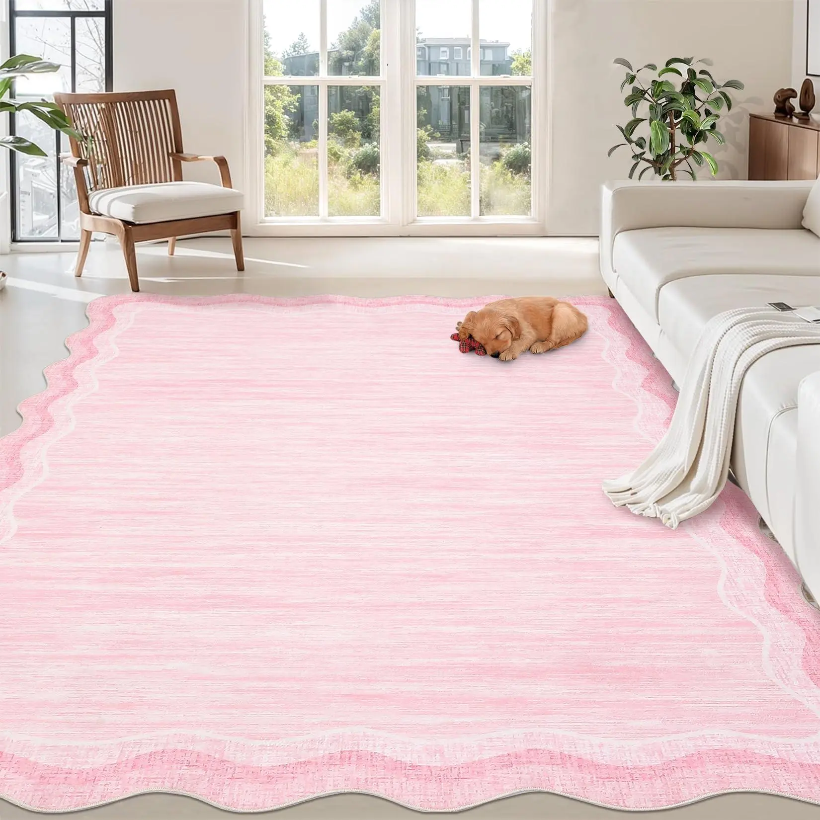 GARVEE Scalloped Pink Rug 8x10ft Modern Solid Living Room Carpet, Non-Slip Contemporary Rug for Girls, Machine Washable Low Pile Indoor Rugs for Entryway,Playroom,Dorm,Office, Pink
