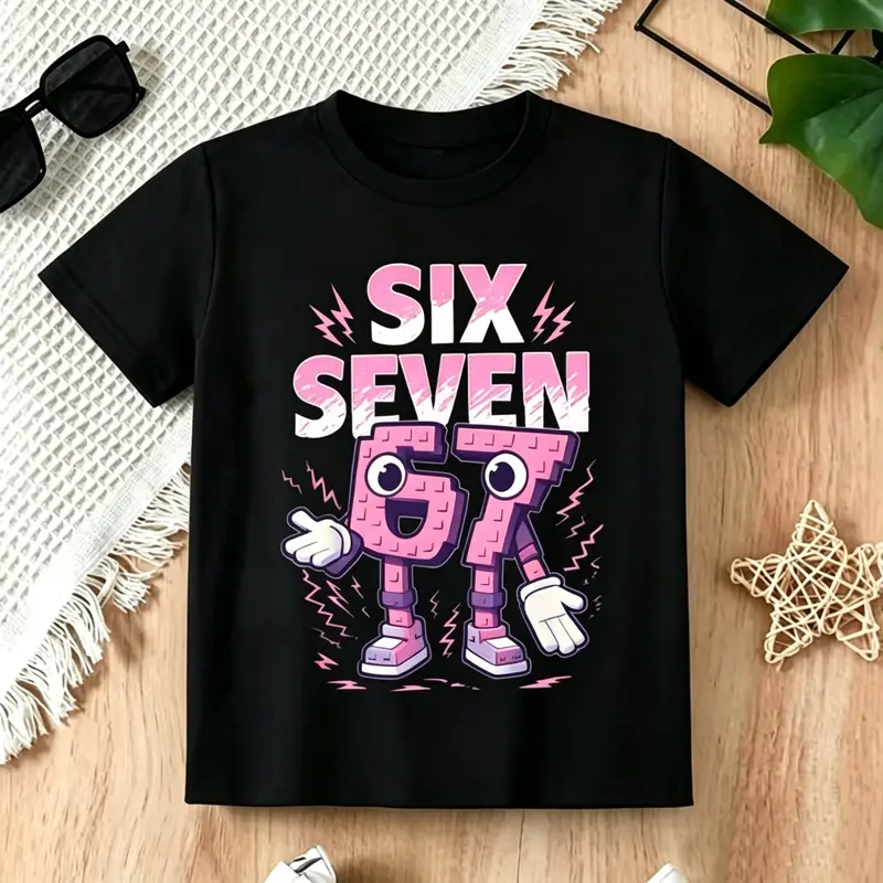 Girls' Summer Short-Sleeve T-Shirt with Cute '67' Number & Six Seven Lettering - Cartoon Number 67 with Eyes & Arms, Lightning Bolt Print - Round Neck Casual Blouse for, Machine Washable Summer Top for & Playdates Graphic Tee Funny Graphic Tees