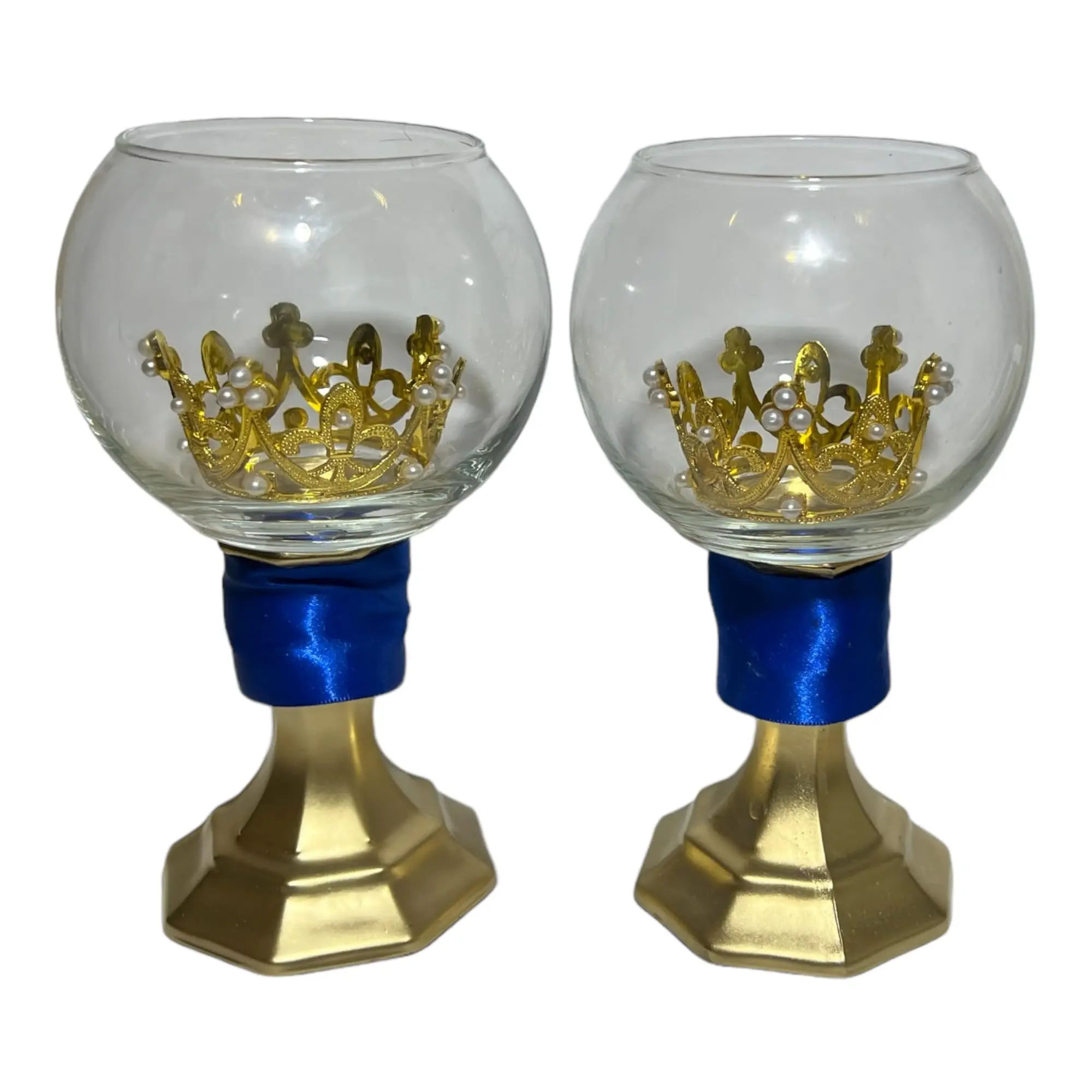 Dreamminis Crown Centerpieces, 12 inches, Glass, blue and Gold centerpieces, glass candy dish for candy bar Set of 2, for Party, Wedding, Celebration, quincenera, baby shower
