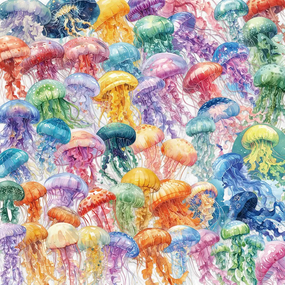 Transparent Cartoon Colorful Jellyfish Stickers Pack, Waterproof Pet Decorative Stickers for Guitar Notebook, 50 Sheets