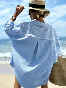 Women's blue and white striped beach shirt, blouse, perfect for spring and summer wear, lightweight and breathable, button-down, ideal for summer vacations and casual wear, Casual Breathable Top | #CoastalStyleOutfits #BeachEssentials