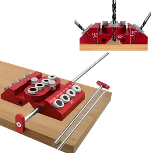 Woodworking Drill Guide Jig ,V-Drill Guide 30/45/90 Degree Angled Drill Guide Jig with 4 Sizes Drill Holes Multi-angle Drilling Hole Locator with Positioning Rod for Flat Surface, Round Part, Corner Angled Straight Holes Drill Attachment