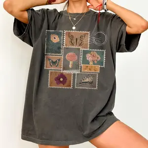 Comfort Color Botanical Vintage Stamp Shirt, Cottagecore Mushroom Tee, Butterfly & Flower, Granola Girl Style, Oversized Boho Tee, Comfort Colors Unisex