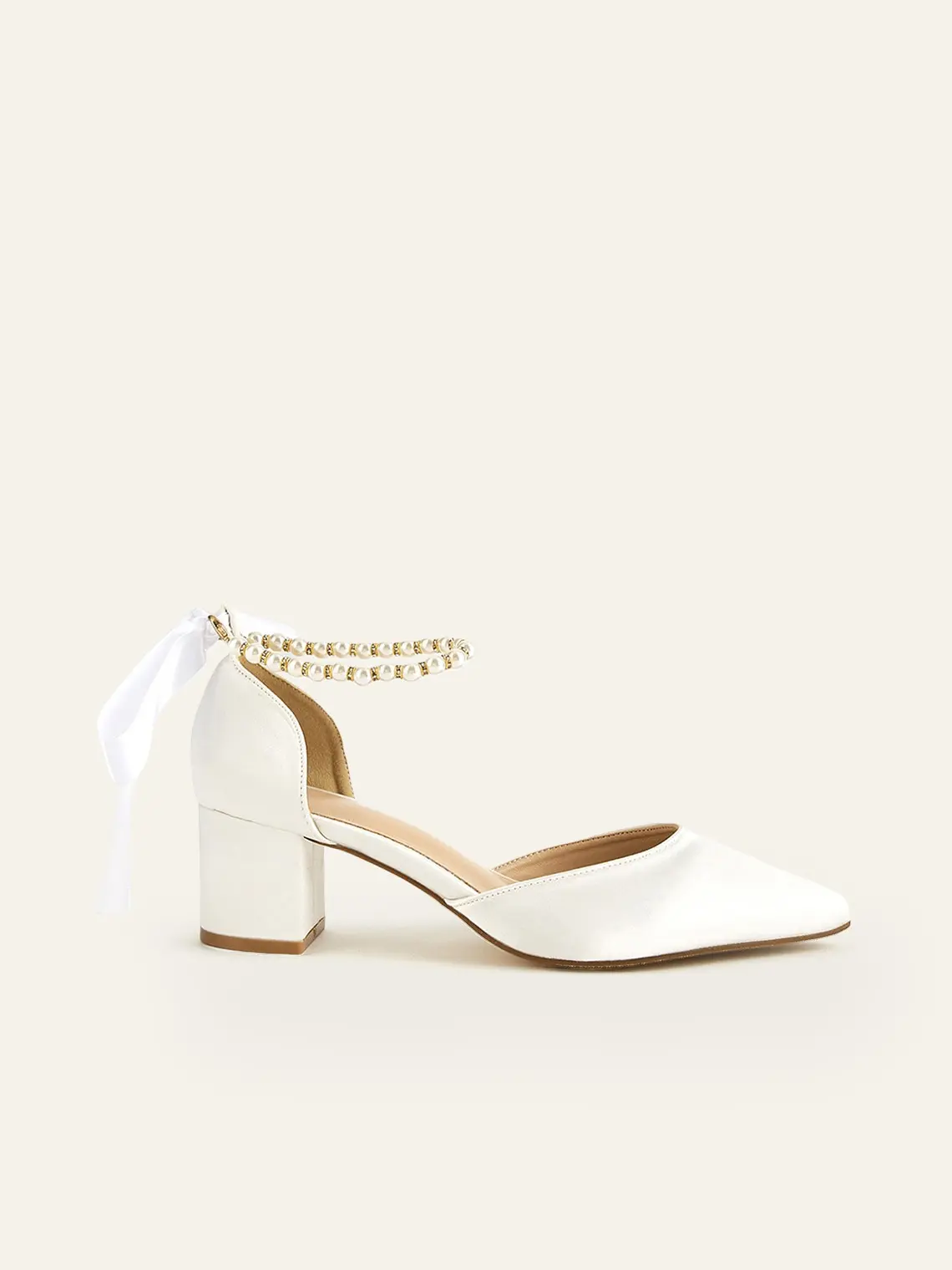 Azazie Satin Pearl and Bow Pointed Toe Block Heels Bow Detail Pearl Detail Block Heel Pointed Toe Bridal Wedding Evening Party Heels