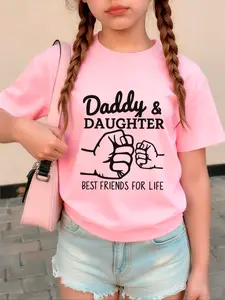 Girls' Outdoor Casual Round Neck Short Sleeve Top, Funny Shirts, Graphic Tees, Daddy & Daughter Print, Comfortable Fitted Shirt for Ages 4-12, All Seasons