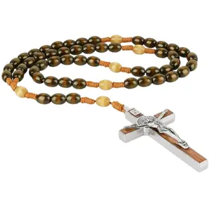 Classic Wooden Rosary Beads ,Handmade Catholic Rosary for Men and Women,Perfect for Rosarios Catolicos,Includes 3" Large Size Metal Saint Benedict Medal Cross With a velvet bag