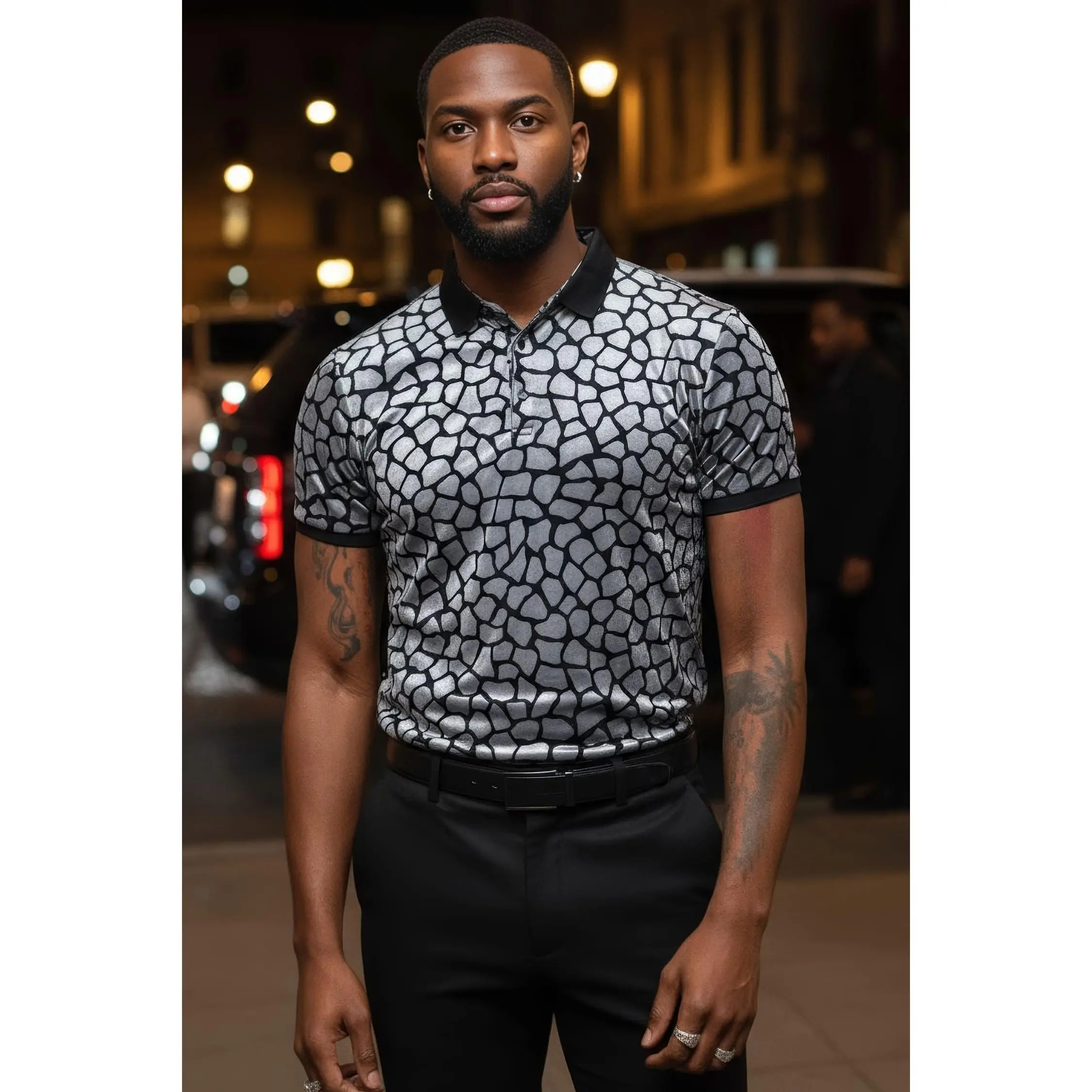Hidden Leopard Polo Shirt - Casual Shortsleeve Top in Black with Collar, Breathable Fabric, Nylon Material Street Style Menswear Knit Sheer