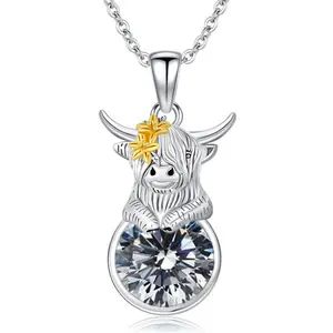 S925 Women's Sterling Silver Birthstone Highland Cow Pendant Necklace Gift Essential