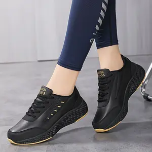 Women's Lightweight Black and Gold Running Shoes - Synthetic Leather Upper, Breathable Mesh Lining, Durable EVA Sole, Suitable for Autumn and Winter