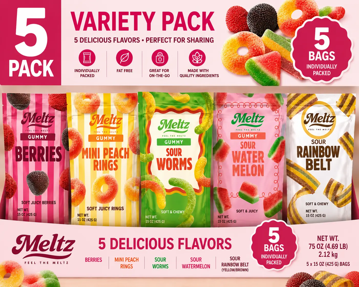 Meltz Soft & Juicy Gourmet Gummies Variety Pack – Bulk Fruity Candy Mix, Sour Rainbow Belts, Mini Peach Rings, Worms, Berries & Watermelon