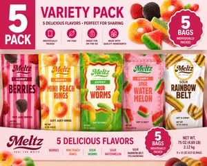 Meltz Soft & Juicy Gourmet Gummies Variety Pack – Bulk Fruity Candy Mix, Sour Rainbow Belts, Mini Peach Rings, Worms, Berries & Watermelon