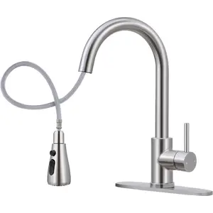 Faucet with Pull Down Sprayer,Kitchen Sink Faucet with Sprayer and Deck, Commercial Faucet for Kitchen Sink Stainless Steel,Single Handle, Suitable for RV/Bar Sink,Brushed Nickel