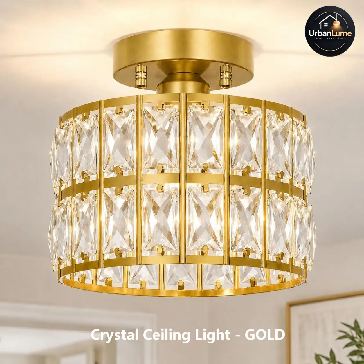 Brushed Gold Crystal Semi-Flush Mount Ceiling Light Fixture, Modern Glam Lamp for Bedroom, Hallway, Home Improvement Indoor Lighting Decor