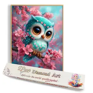 Plush Owl in Peach Blossom | 45×55cm | Partial Partial Fairy Dust Diamond Painting | Full Round / Full Square Drill | Velvet Cloth Canvas | DIY 5D Diamond Art Kit for Adults & Kids | Sparkling Cute Owl Cartoon Wall Art Home Decor | Crafting Gift Idea