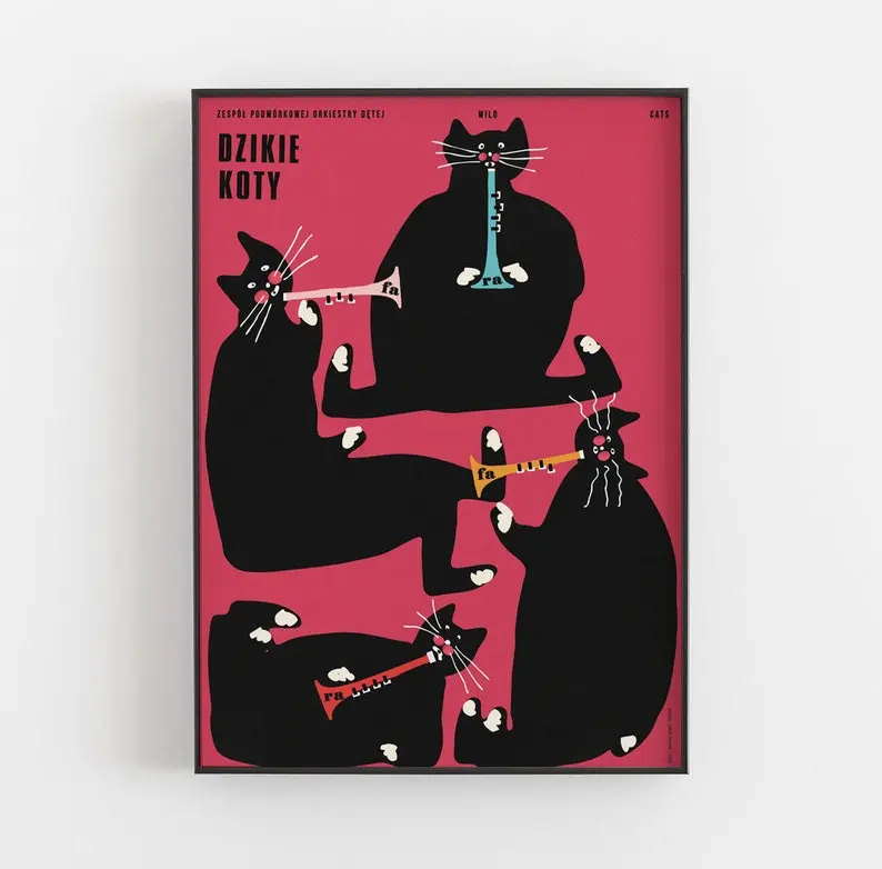 Wild Cats Backyard Brass Band Original Polish Poster Print Illustration Art Plakat Wall Decor Hanging Home Room Moustache B2 Minimalist Movie Poster Retro Vintage Art Print