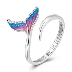 LAZA  925 silver plated mermaid tail ring, enamel gradient ocean colors, adjustable fishtail jewelry, is a perfect summer beach gift for women girls