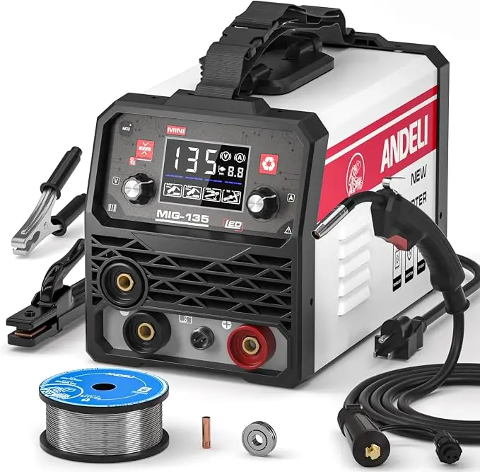 ANDELI 135A 3-in-1 Gasless Synergic MIG Welder - 110V Portable DC Inverter Digital Machine with IGBT Tech, LED Display, Arc Force, Anti-Stick, Lift TIG/Stick, Torch Handle, Clamps, Welding Accessories, Max Cut Wire, Lightweight for Beginners, Steel Repair