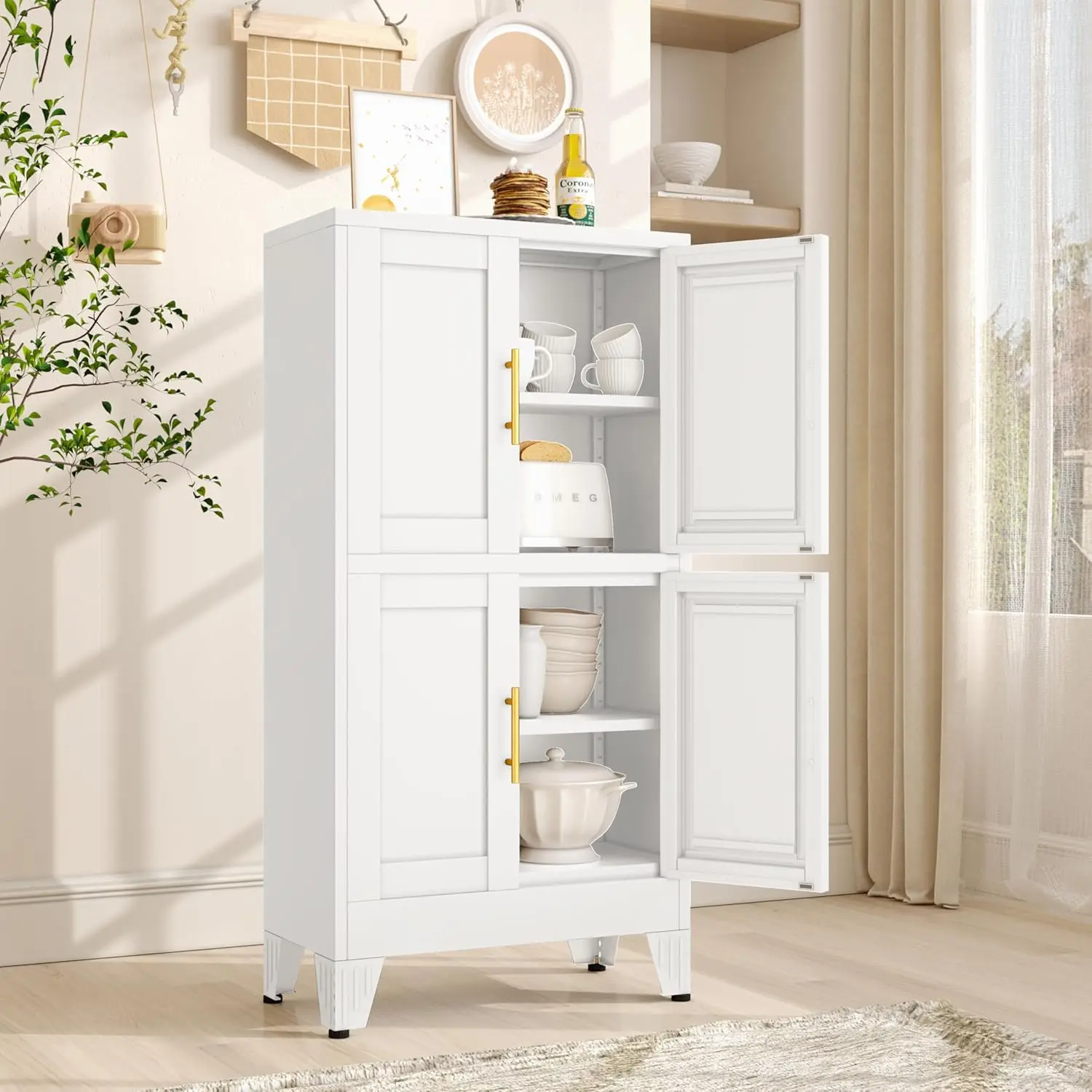 GEITIN Metal Freestanding Pantry Cabinet, 47.2" H Kitchen Storage Cabinet with 4 Doors & 2 Adjustable Shelves, Versatile Buffet Sideboard for Home Office (Requires Assembly)