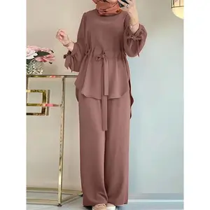 H730 Muslim Women’s Solid Color Drawstring Tie Two-Piece Set – Round Neck Top and Wide-Leg Pants, Elegant Women’s Suit