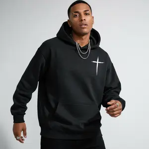 180g[100%cotton]Men's Christian Cross Jesus Christ Graphic Hoodie - Cotton Blend Black Long Sleeve Pullover Regular Fit |   Soft & Breathable Fabric, Durable Print, Everyday Comfort, Machine Washable, minimalist religious casual wear