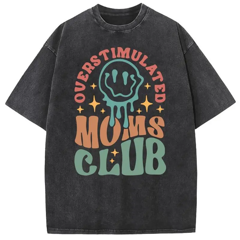 Women's Vintage Graphic T-Shirt - Heavyweight Cotton Casual Fitted Black-Washed Oversize Mom's Club Short-Sleeve Crewneck Women's Tops Streetwear Clothes, Black-Washed T-Shirt