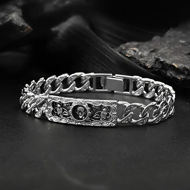 Unisex Cuban Link Bangle Pair - Retro Carved Tang Grass Pattern Costume Jewelry, 18cm Exquisite Business Couple Matching Set, E152-18cm Fashion Accessory