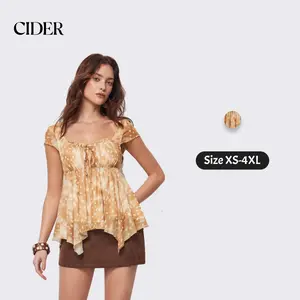 Cider Mesh Top Blouse - Sexy Y2K Fairycore Aesthetic for Summer Vacation, Square Neck Spotted Deer Polka Dot Drawstring Hanky Hem Asymmetrical Shirt, Regular Fit High Stretch