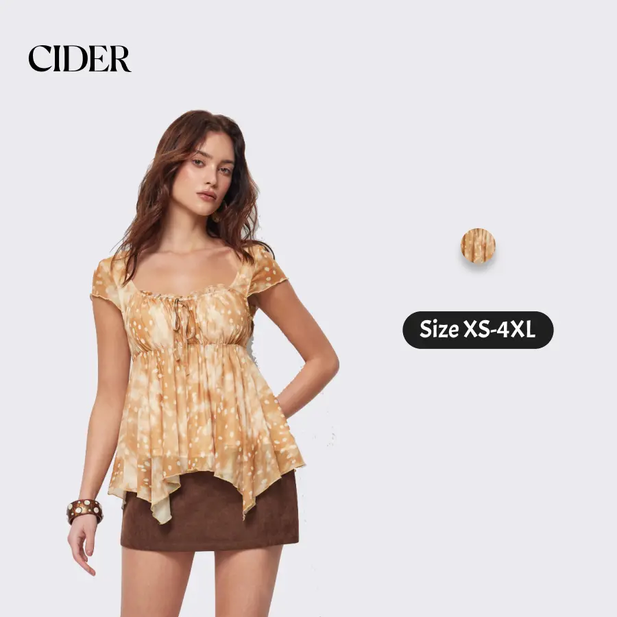 Cider Mesh Top Blouse - Sexy Y2K Fairycore Aesthetic for Summer Vacation, Square Neck Spotted Deer Polka Dot Drawstring Hanky Hem Asymmetrical Shirt, Regular Fit High Stretch