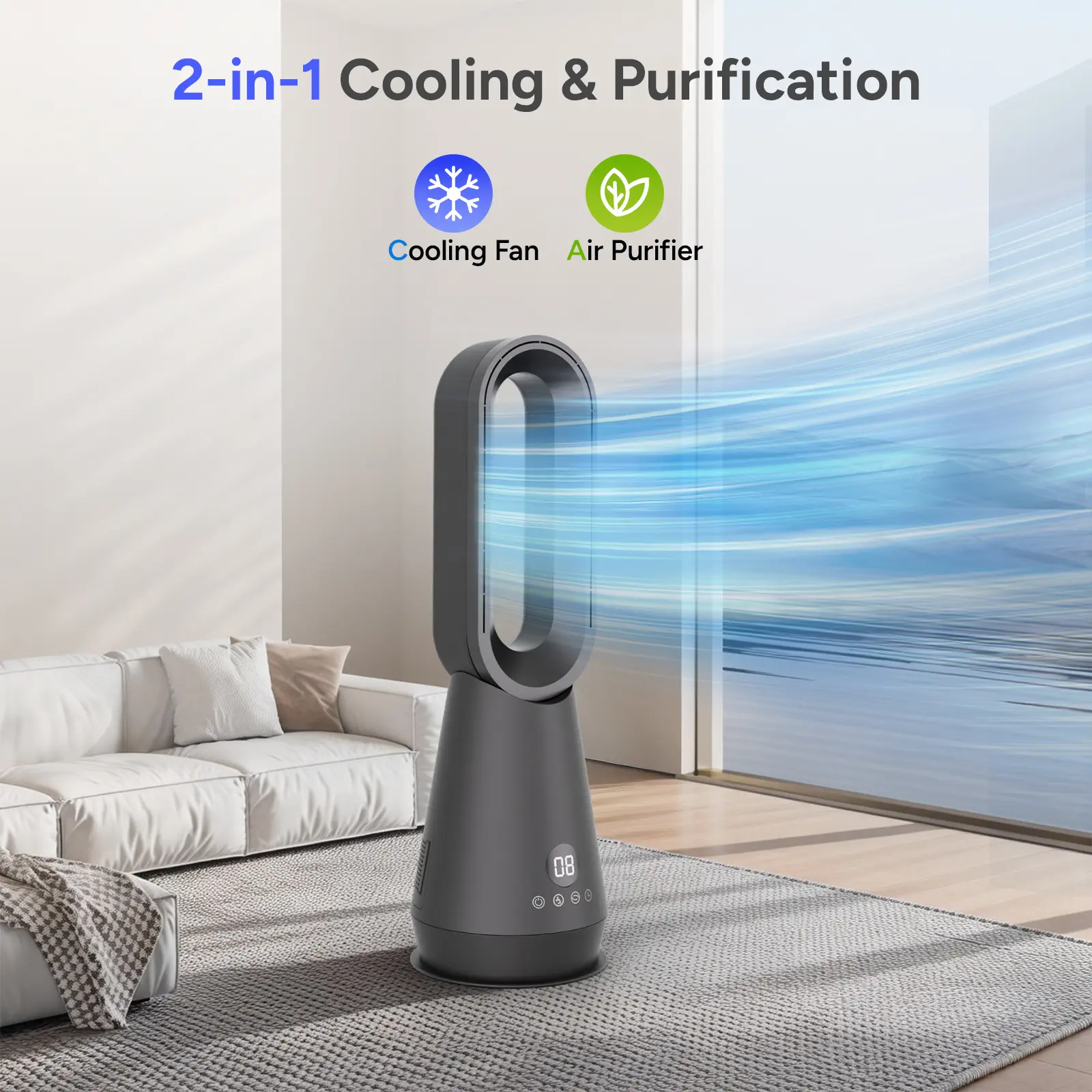 2-in-1 22 in Bladeless Tower Fan, Cooling Function, Air Purify Feature for Household Use, Cooling + Purify