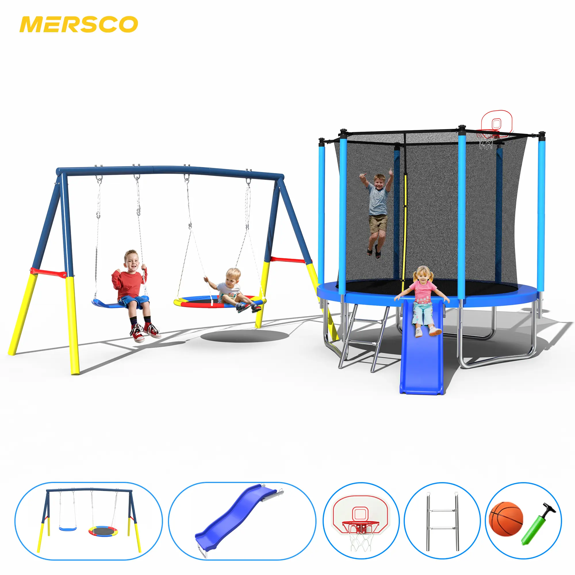 Mersco 8FT Heavy-Duty Unisex Trampoline Set with Slide & Swing Set, Safety Net, Basketball Hoop - Sports Outdoor Play Equipment for Children Development, Perfect Gift for Birthdays, Entertainment (Blue)