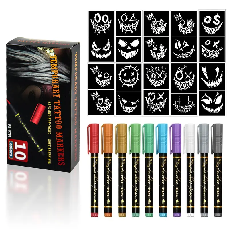 10-Color Temporary Tattoo Markers for Skin, Paint Pen Set with Fun Stickers, 10 Sheets Tattoo Stencils of Assorted Colors for kids and Adults, Flexible Brush Tip, Bright colors, Skin-Safe, Cosmetic-Grade