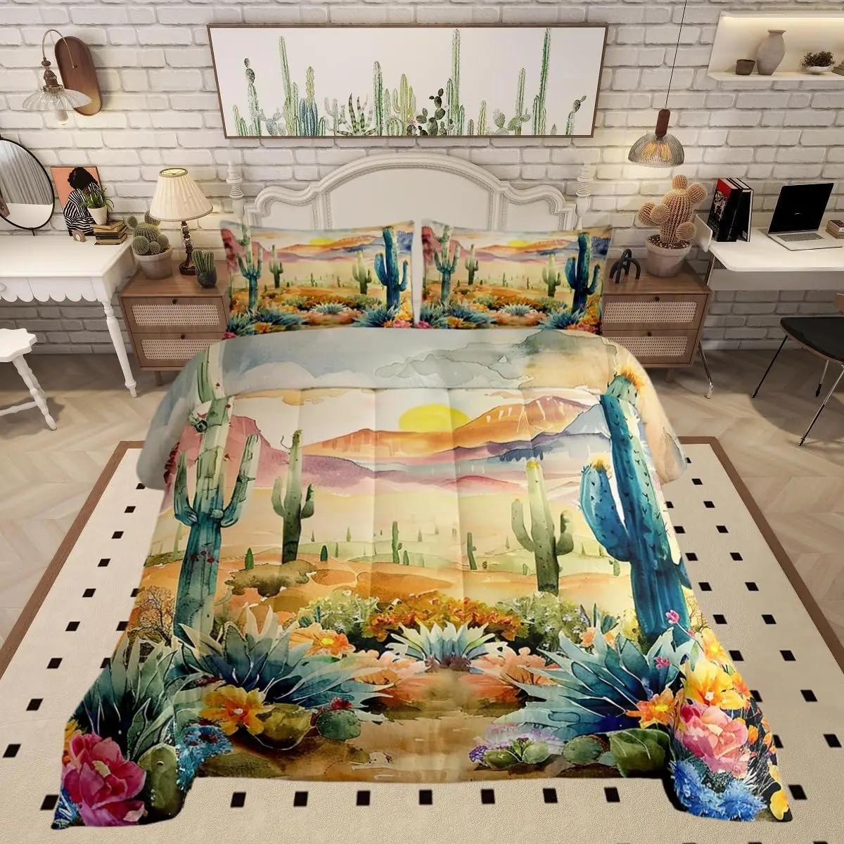 Watercolor Desert Bedding Set Green Cactus Plant Comforter Southwest Style Sunset Comforter Set Orange Green Duvet Set Quilt Set Comforter Set