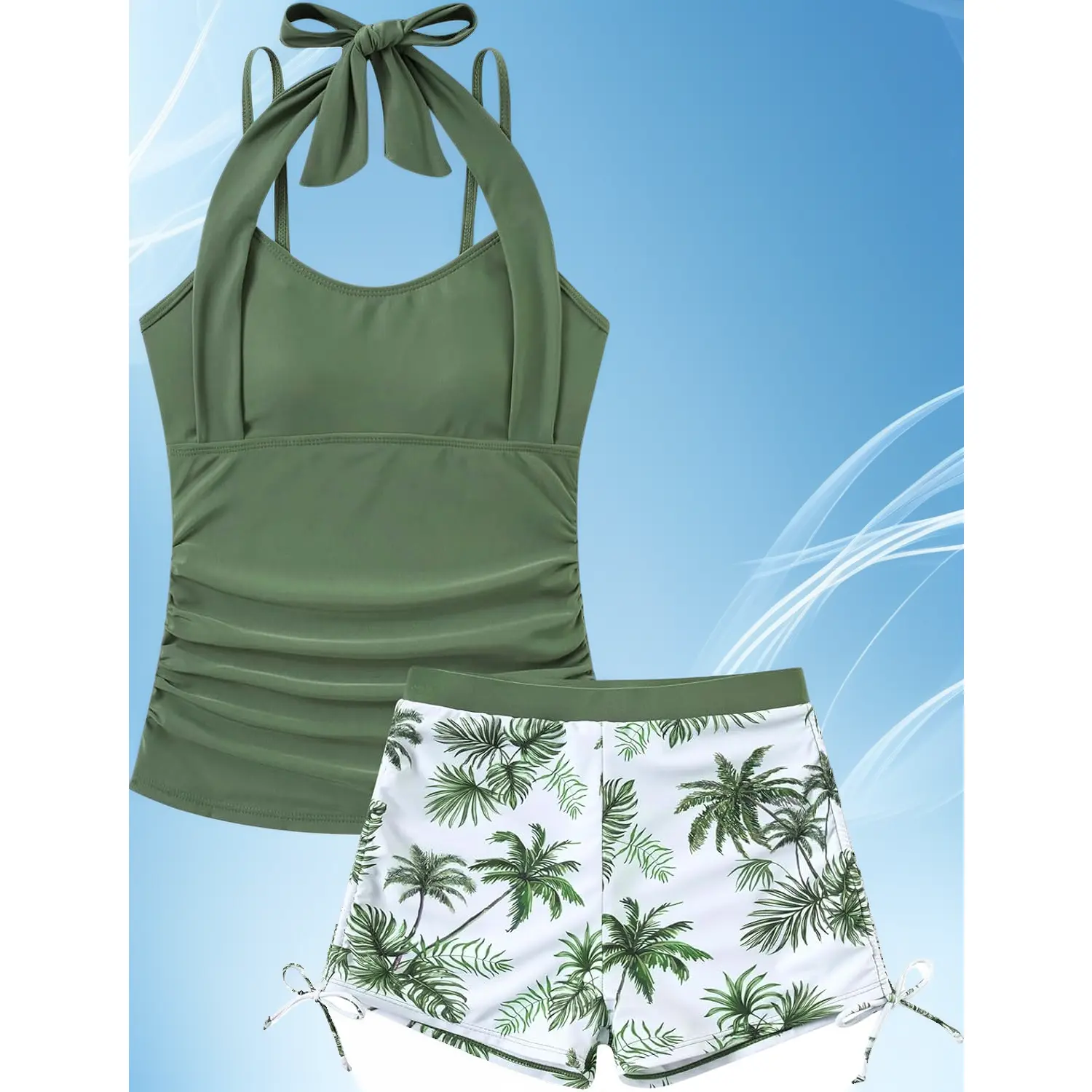Girls' 2-Piece Halter Neck Stretchy Swimming Tankini Swimsuit Set, Youth Sizing 7-16 for Teens