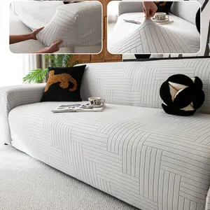 Modern geometric jacquard spandex sofa cover with excellent stretch, designed to hug the contours of your sofa. Slip-resistant, machine-washable, and pet-friendly.
