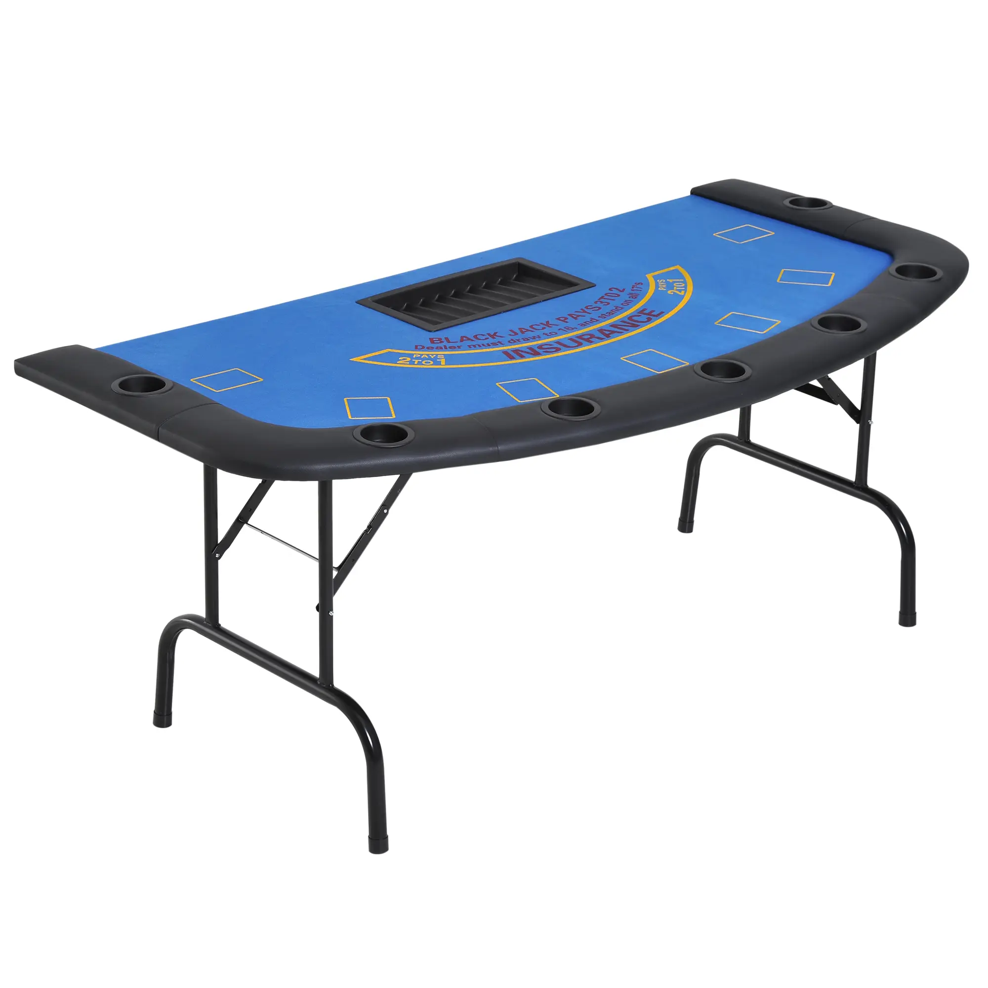 Foldable Poker & Blackjack Table, 72" Camping Furniture Table for 7 Players with Chip Holders, Cup Holders, and Blue Felt