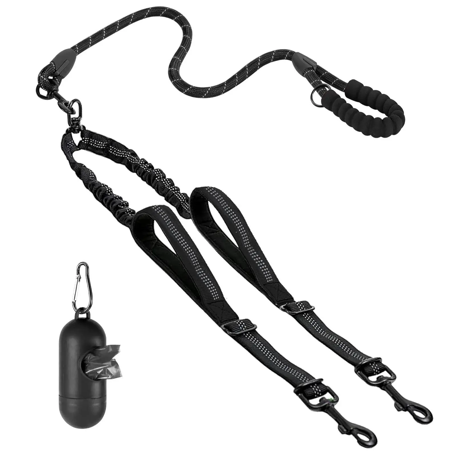 【Furlyn】Dual Dog Leash - 360° Swivel Joint Tangle-Free Bungee Leash with Shock Absorb, Cuban Link, Adjustable Universal Collars, Easy Harness, Car Restraint Accessory for 25-150 lbs Large Dogs