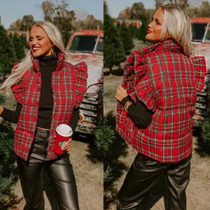 Women's Plaid Puffer Vest Ruffle Sleeveless Lightweight Quilted Padded Gilet Warm Windproof Fall Winter Outerwear Layering Casual Daily Commute Sleeveless Ruffled Gilet with Pockets for Women