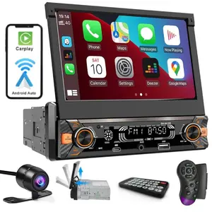7" 1DIN Motorized Flip Out Touchscreen Car Stereo! Wired CarPlay & Android Auto, Bluetooth, Mirror Link, USB/TF/AUX/Type-C, Hands-Free Call, FM, 30-Band EQ, Fast Charger + Rear View Camera & SWC. Universal Fit for Car/Van/RV/Pickup/Truck/Bus