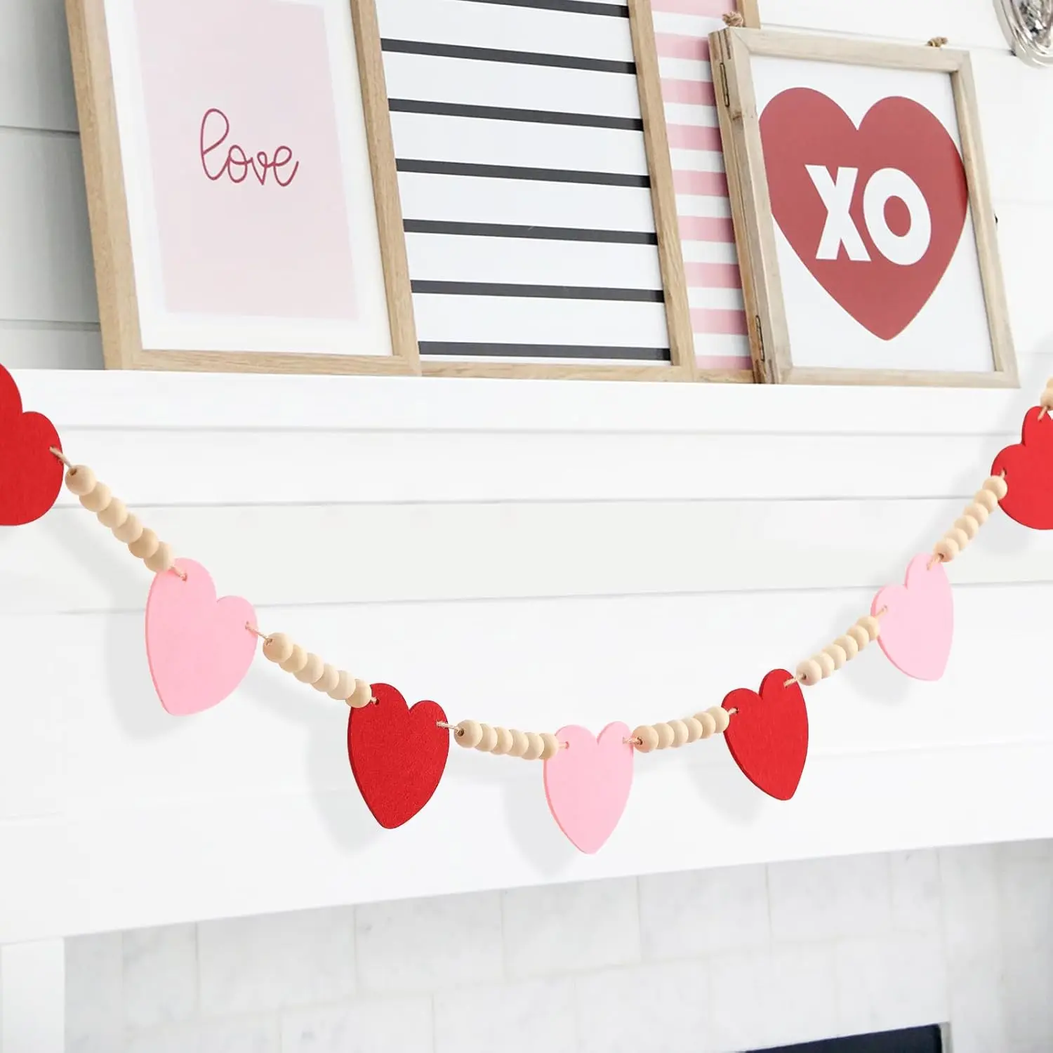Valentines Day Decorations -Red Pink Felt Heart Wood Beads Garland for Valentines Decorations - Farmhouse Felt Banner for Fireplace Mantel Walls